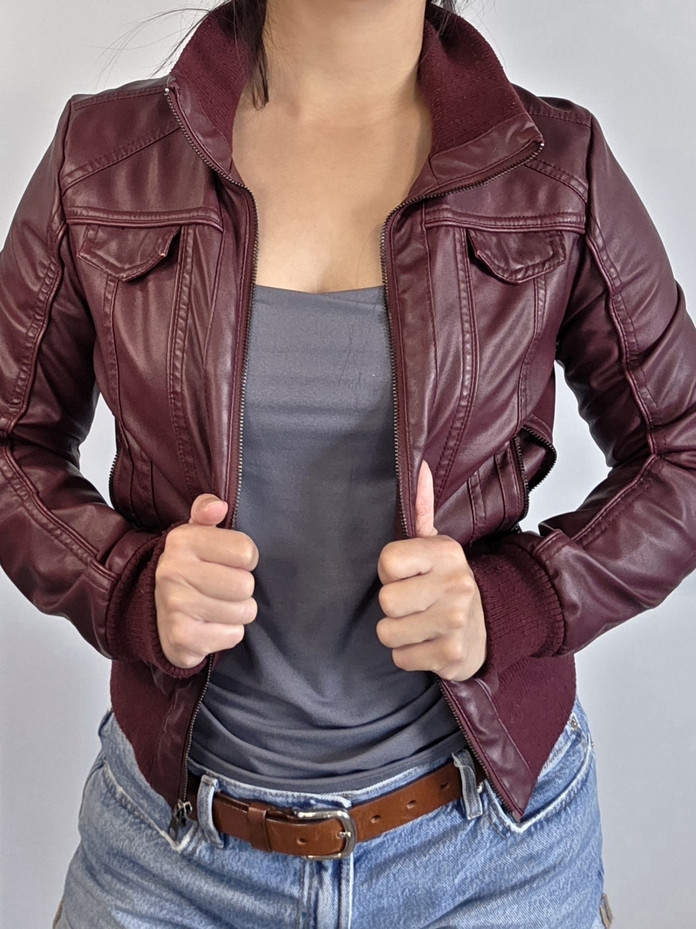 Ci Sono Womens Burgundy Faux Leather Bomber Jacket